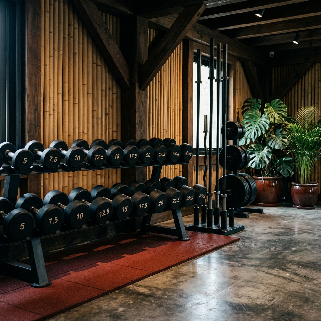 Black iron dumbbells and red racks at Jungle Gym