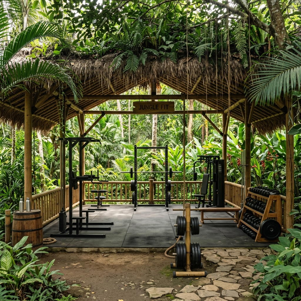 Natural open-air gym area with tropical plants and pull-up bars