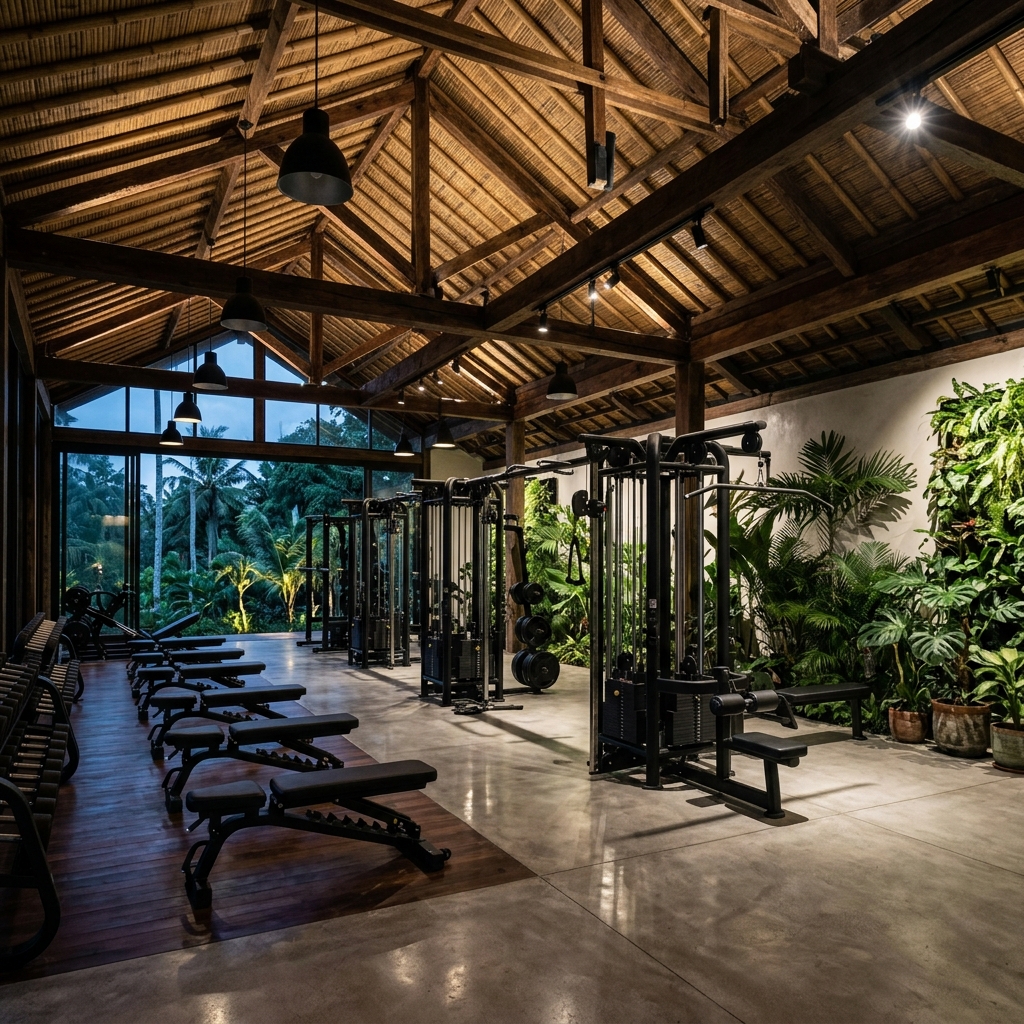 Panoramic view of gym space with wood beam ceilings and machines