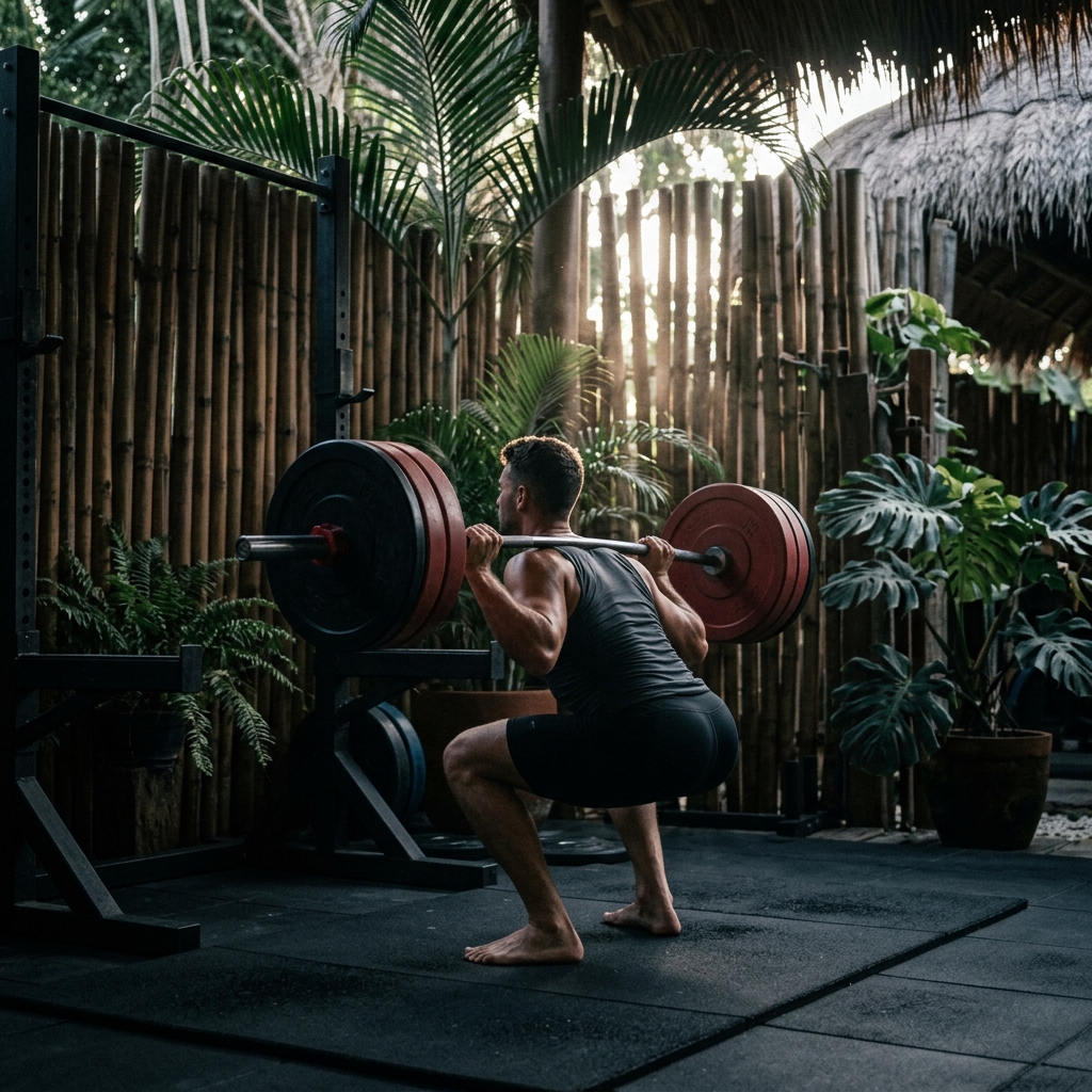 Athlete training with barbell in jungle gym environment