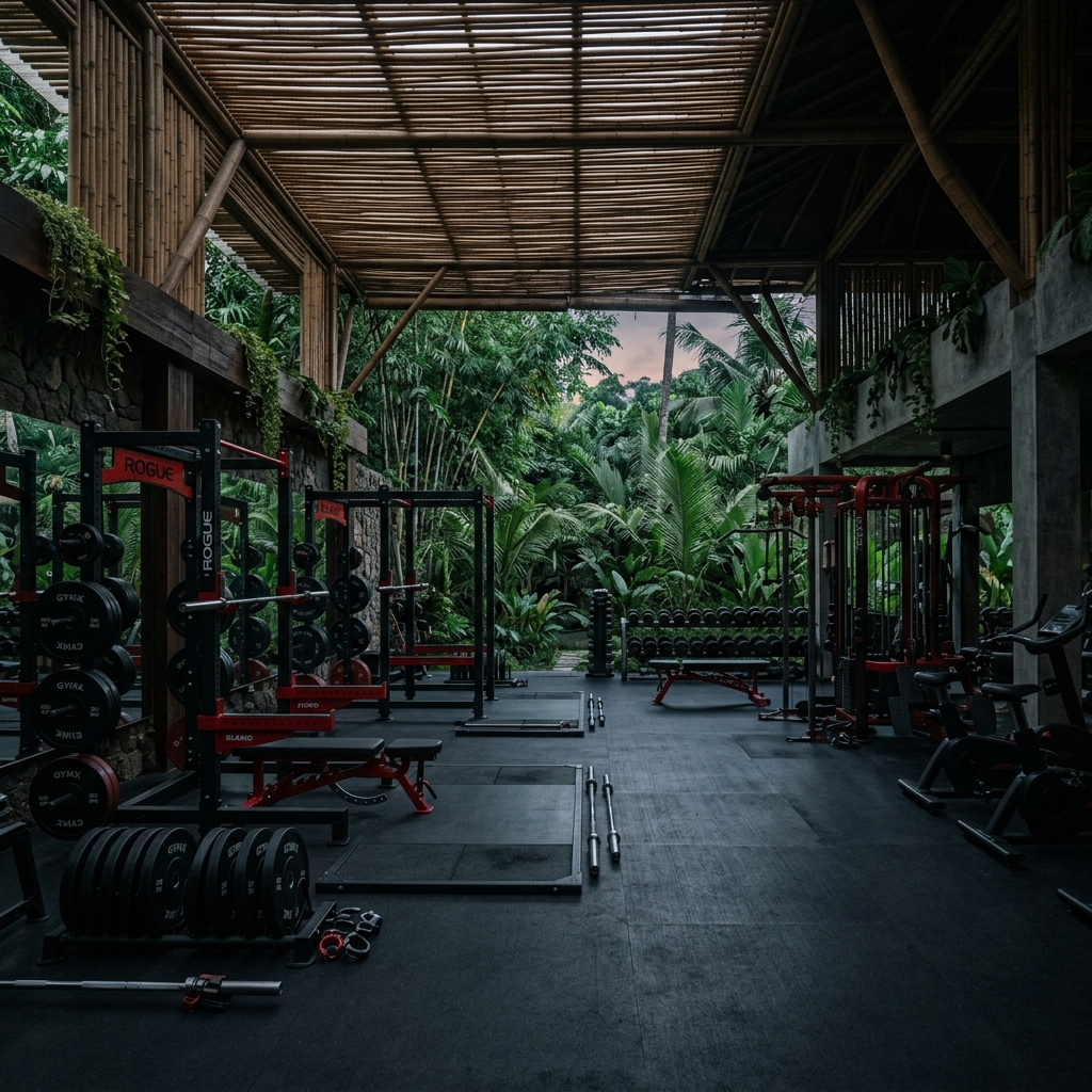 Jungle Gym interior with bamboo architecture and natural greenery