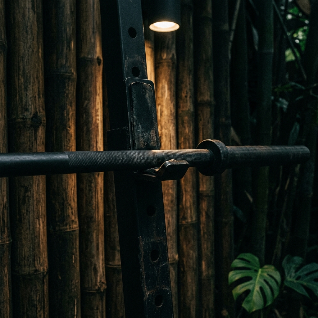 Heavy barbell resting on a rack at Jungle Gym with bamboo walls